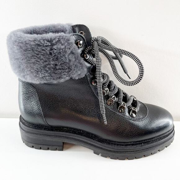 M Gemi Alpi Lace Up Ankle Combat Boots Shearling Faux Fur Trim Black 7.5 - Picture 1 of 7